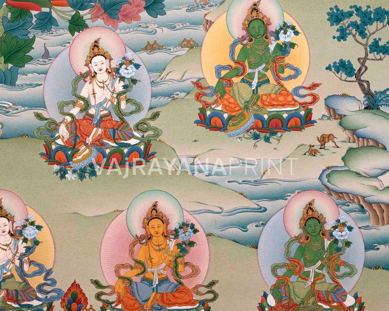 Traditionally Crafted Thangka Print For 21 Tara Praise | Tibetan Thangka Print For Mindfuless | Tibetan Buddhism Art
