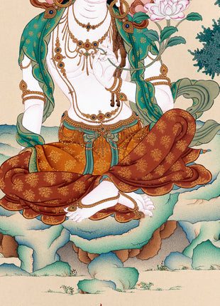 Chenrezig Thangka | 2 Armed Avalokiteshvara in Natural Stone Colors and 24K gold