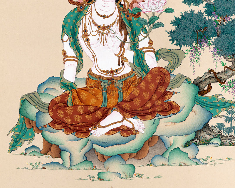 Chenrezig Thangka | 2 Armed Avalokiteshvara in Natural Stone Colors and 24K gold