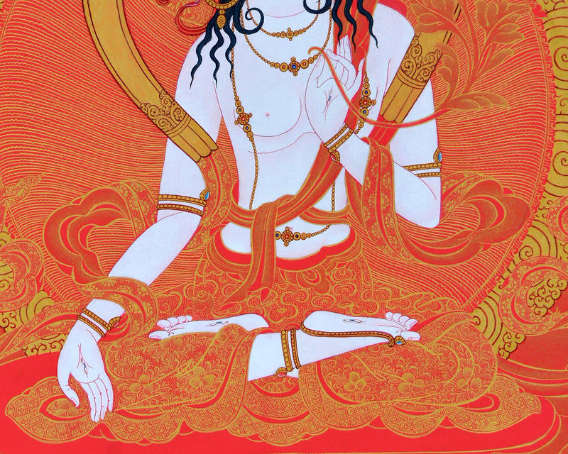 Tibetan White Tara Thangka | Tara In Red and Gold