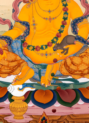 Jambala Thangka | Dzambala Wealth Deity | Tibetan Painting In Natural Stone Colors And 24K Gold