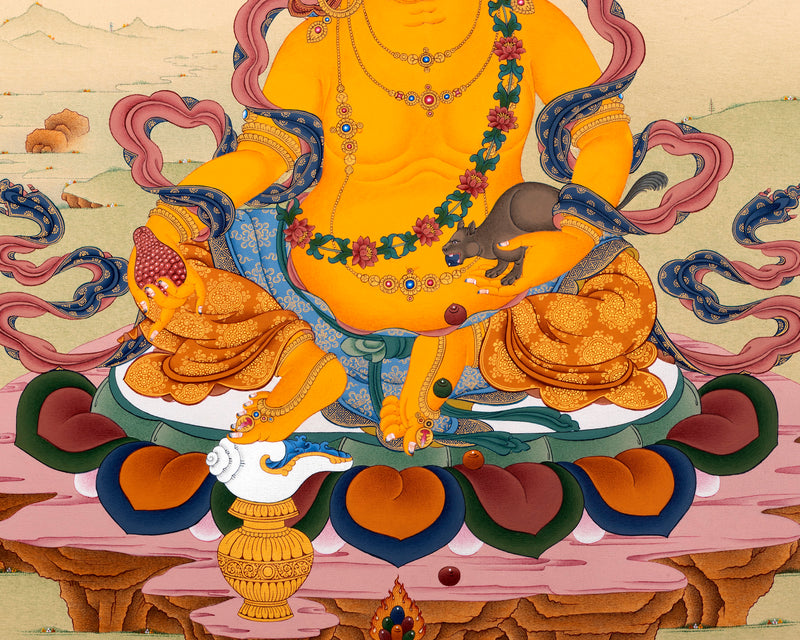 Jambala Thangka | Dzambala Wealth Deity | Tibetan Painting In Natural Stone Colors And 24K Gold