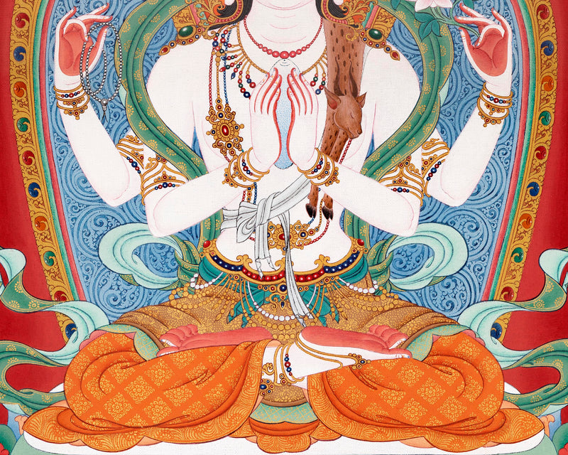 Chenrezig with Manjushri and Vajrapani Thangka | Vajrayana Print With High Quality Giclee