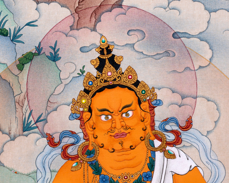 Yellow Jambhala Thangka | Dzambhala Painting | Hand-painted Buddhist Wealth Deity