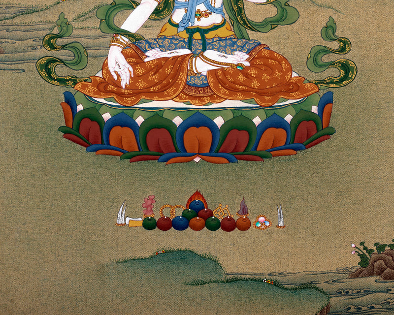 White Tara, Tibetan Thangka Painting, in Natural Stone colors