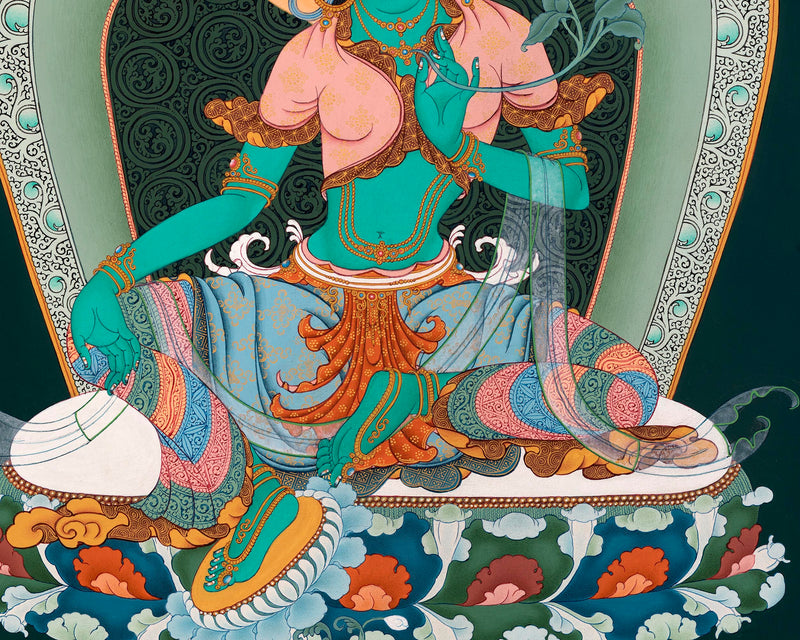 Green Tara  Thangka | Female Buddha Painting | With 24K Gold and Stone Colors