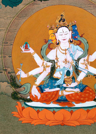 Amitayus With White Tara & Namgyalma | Hand-Painted Thangka For Amitayus Buddha Mantra Practice