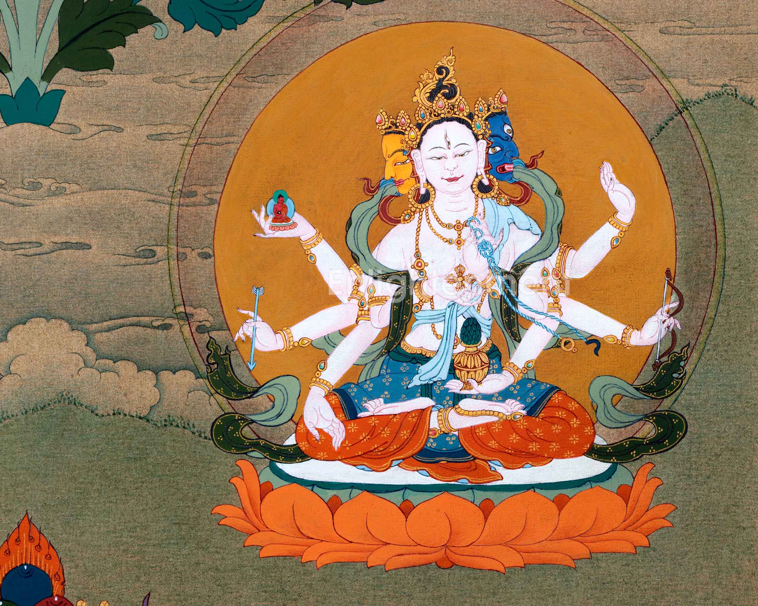 Amitayus With White Tara & Namgyalma | Hand-Painted Thangka For Amitayus Buddha Mantra Practice