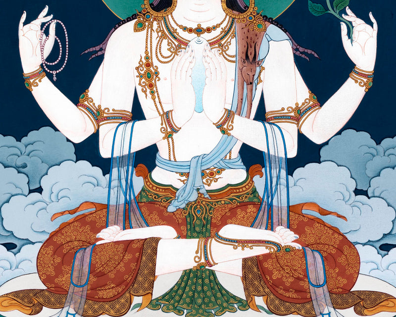 Buddha of Compassion | Avalokiteshvara Thangka Print | Chenrezig Tibetan Art