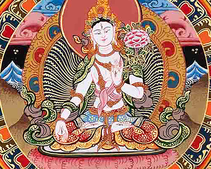 White Tara Mantra Mandala Thangka | Sacred Thangka Painting