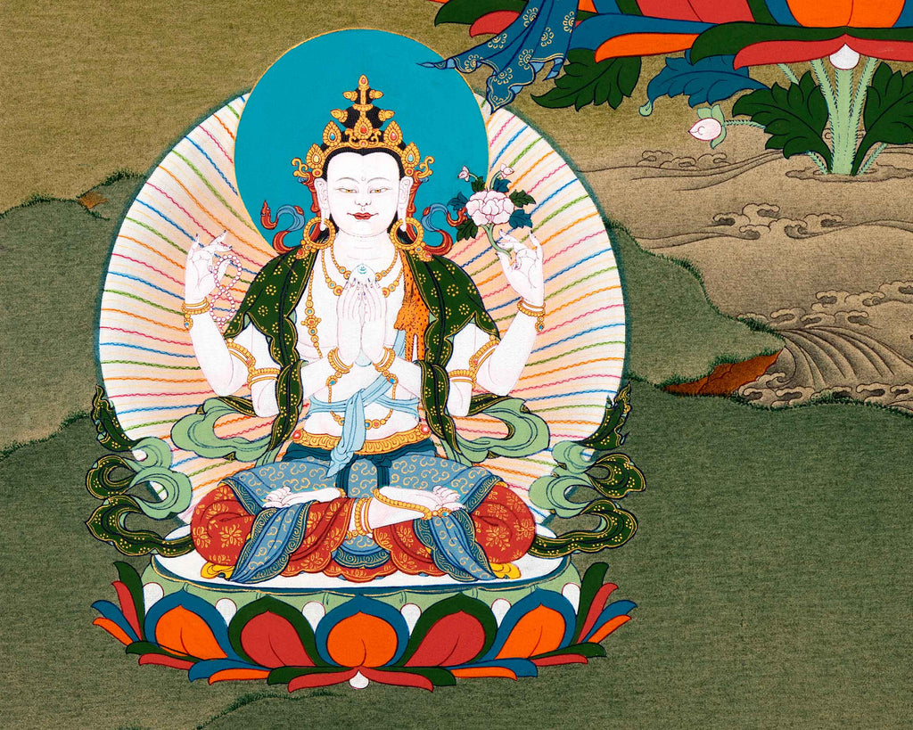 Manjushri Art With Chenrezig and Vajrapani | Bodhisattva Thangka