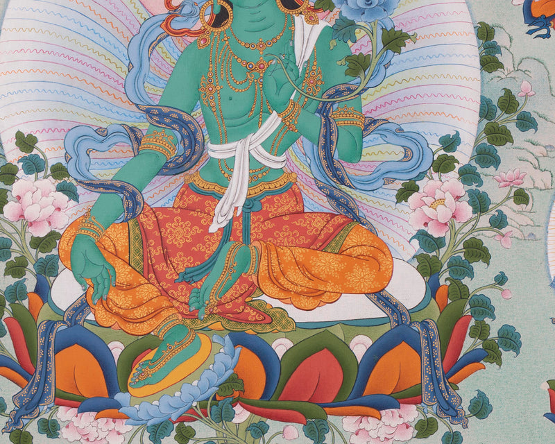 Green Tara with Buddhas and Bodhisattvas | Traditional Tibetan Thangka Print