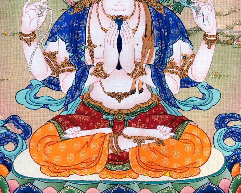 High-Quality Cotton Canvas Print For Chenrezig Meditation | Himalayan Buddha Of Compassion