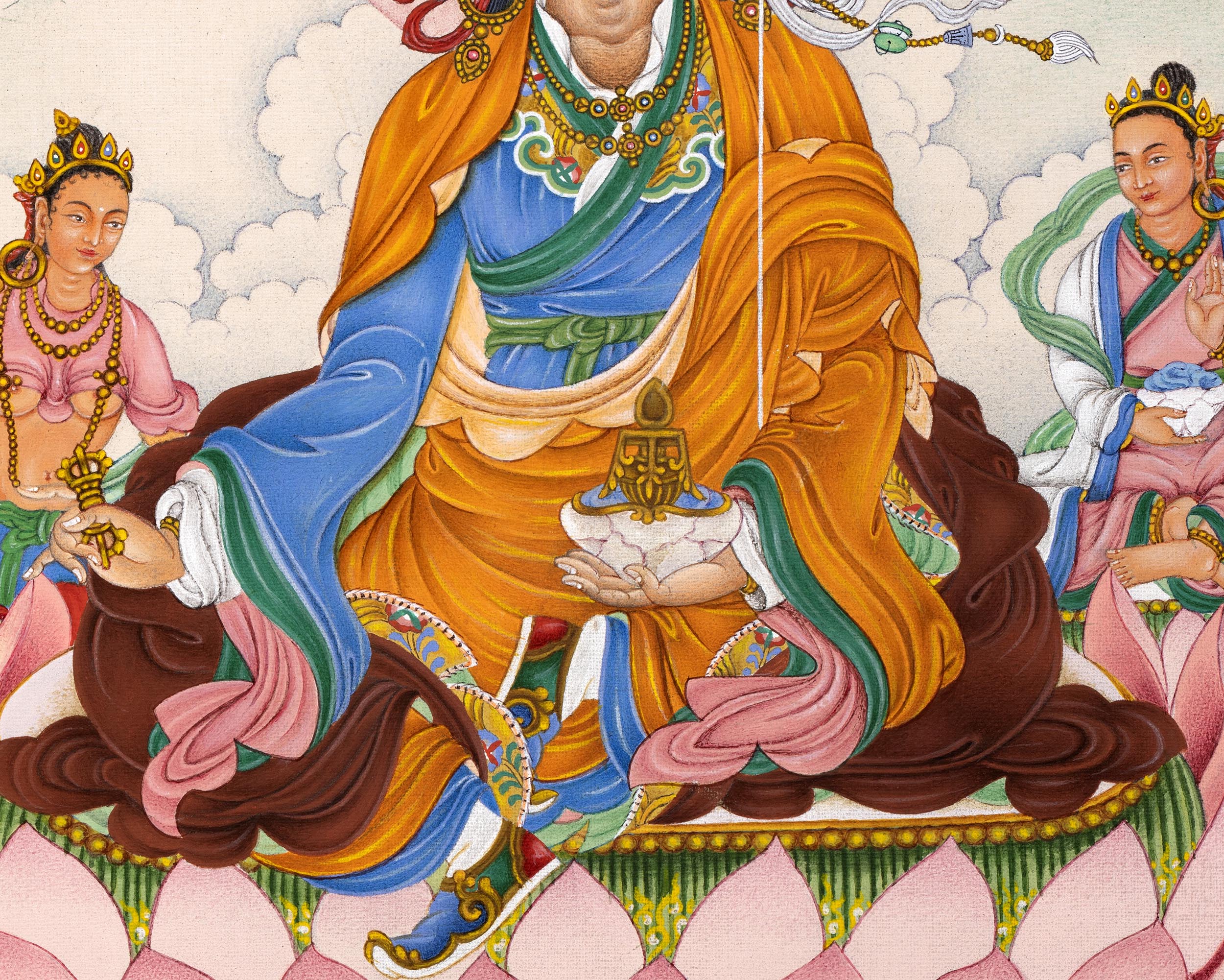 Guru Padmasambhava with Mandarva and Yeshe Tsogyal | Tibetan Thangka Painting