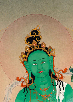 Large Green Tara Deity Painting | Handmade Tara Thangka