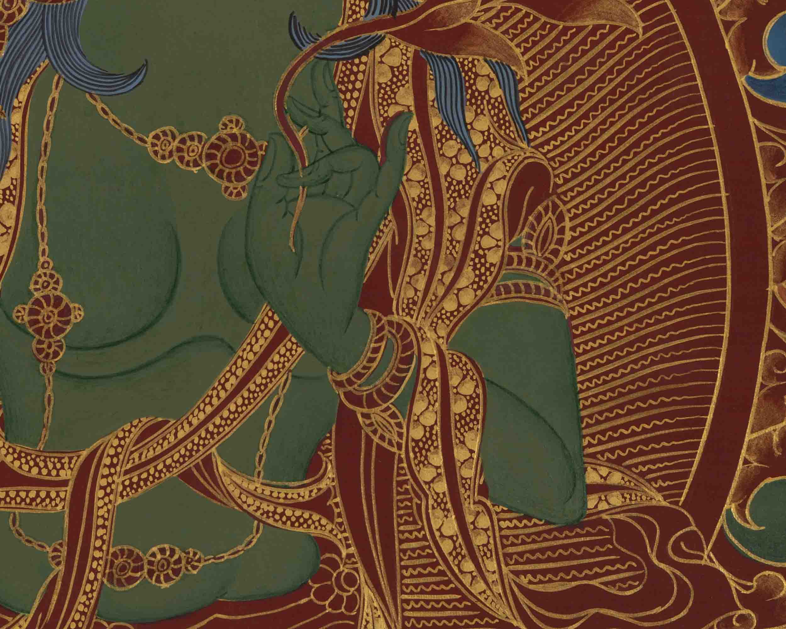 Original Green Tara Thangka | 24K Gold Style Artwork | Wall Decors