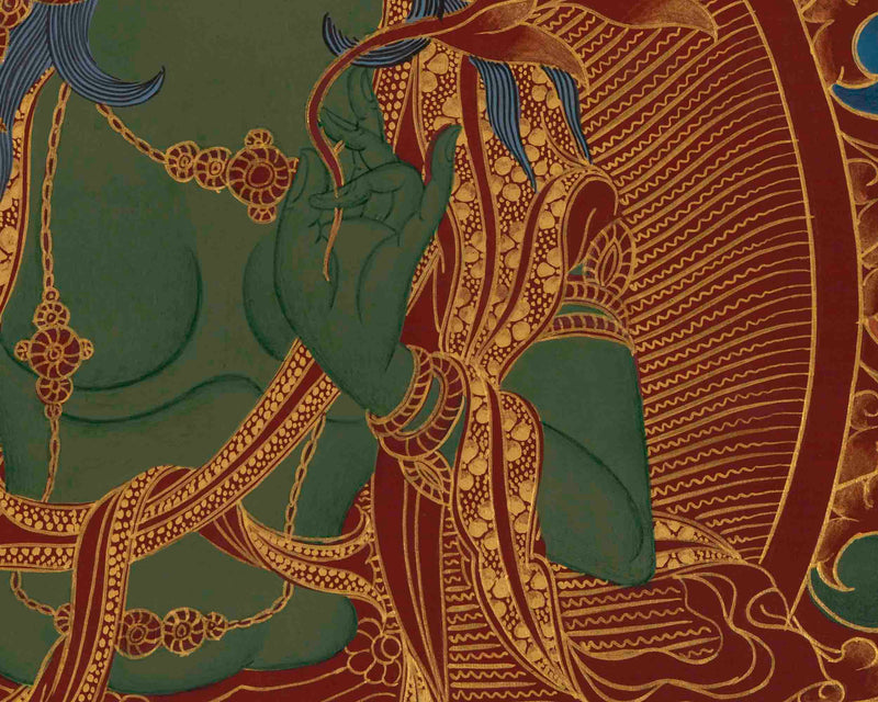 Original Green Tara Thangka | 24K Gold Style Artwork | Wall Decors