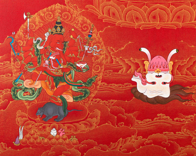 Kurukulla with Ganesh And Takiraja | Tibetan Thangka in Marthang Style
