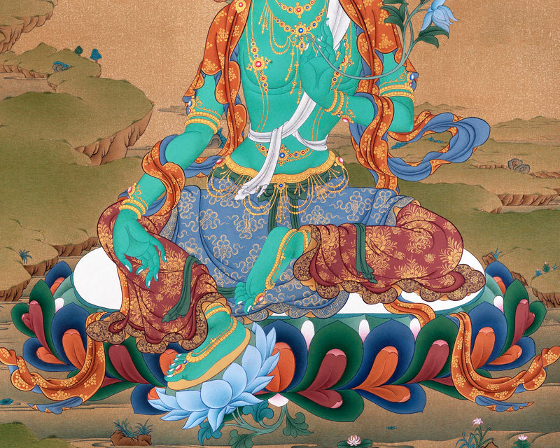 Green Tara Thangka Print | Buddhist Painting  | Digital Canvas Print
