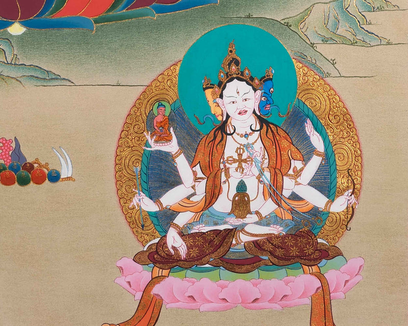 White Tara Meditation Practice Thangka | White Tara With Amitayus and Namgyalma