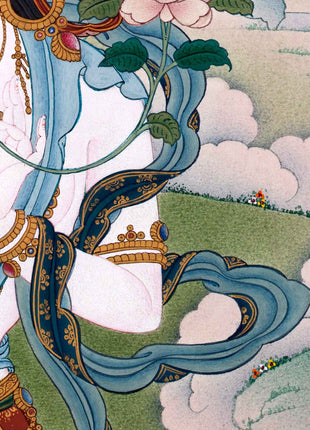 White Tara Goddess Thangka | Traditionally Hand Painted Buddhist Art