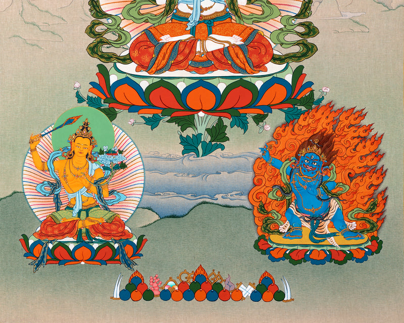 Avalokiteshvara- Chenrezig, Manjushri & Vajrapani Thangka Painting, Tibetan Buddhist Art