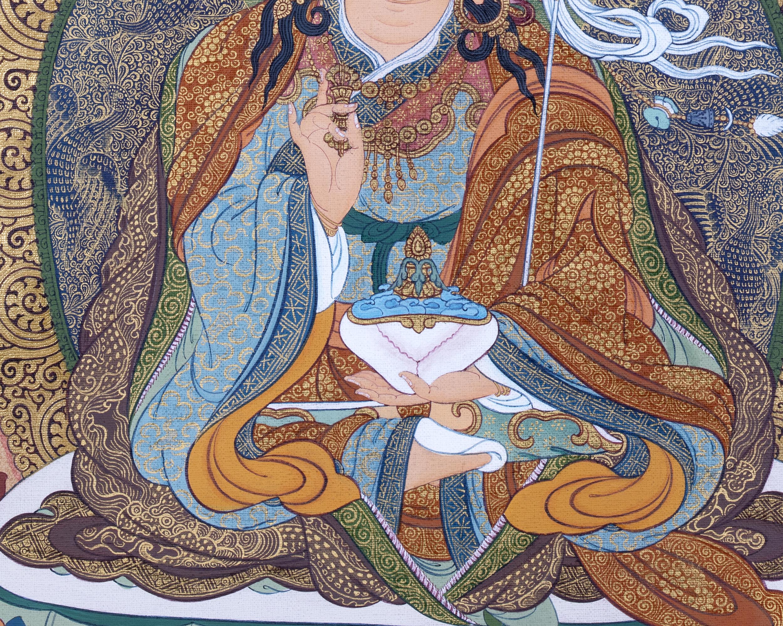Guru Rinpoche With Guru Norla and Urgen Menla Thangka | Vajrayana Thangka Prints | Buddhist Art
