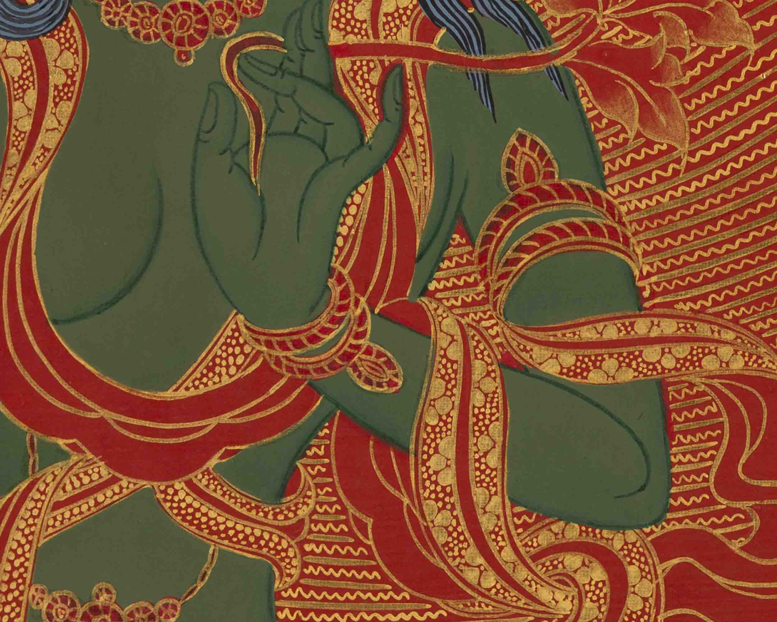 24K Gold Green Tara Thangka | Traditional Tibetan Painting | Wall Decors