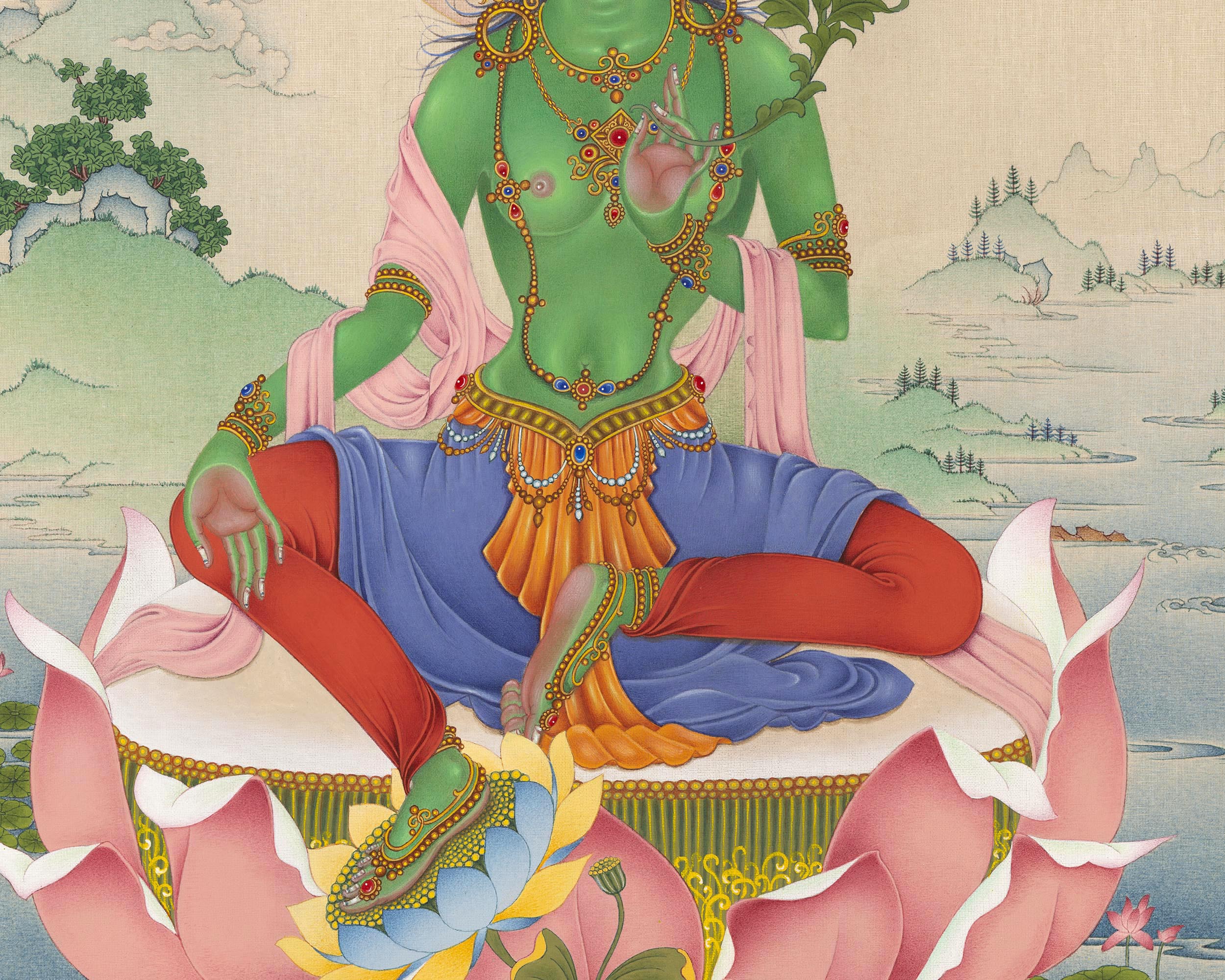 Mother Green Tara, A Thangka Painting in Natural Stone Colors