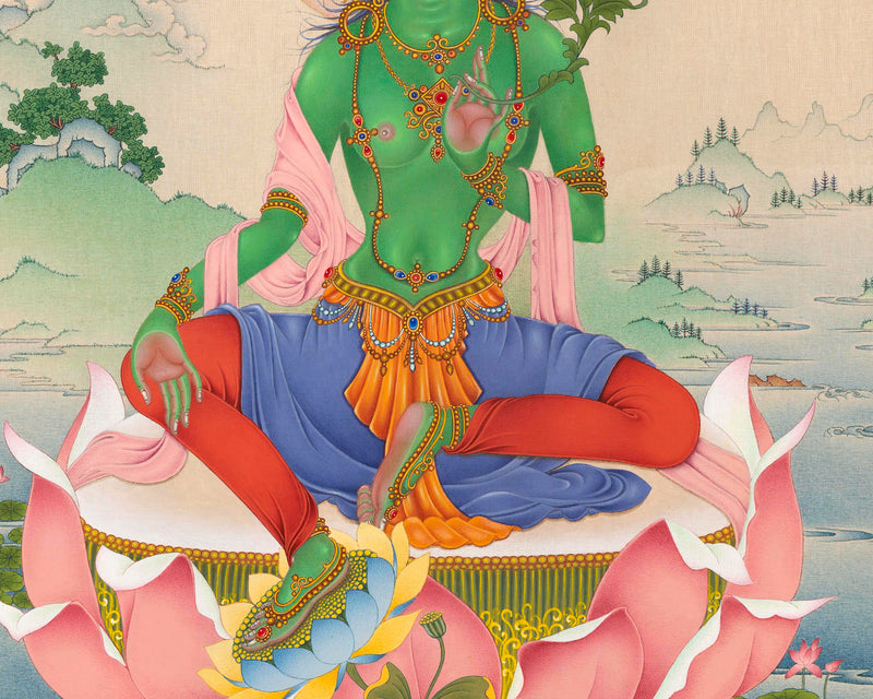 Green Tara Mantra Practice Giclee Print | Himalayan Tibetan Thangka Print Of Mother Tara