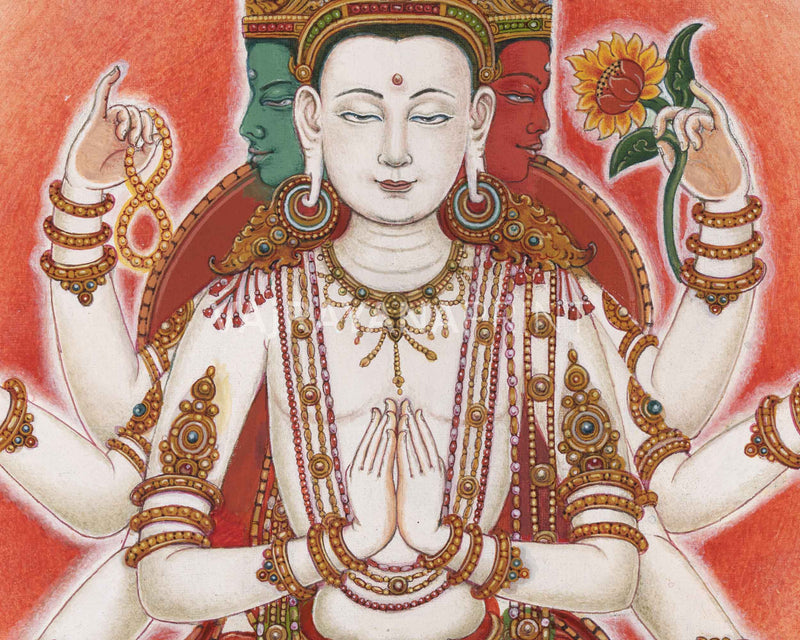 Lord Of All Realms Lokeshwor Thangka Print | Tibetan Print Of Lokesvara For Spiritual Room Decoration