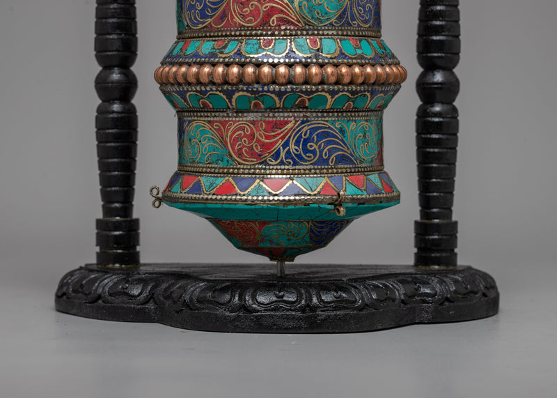 Handmade Tibetan Coral Red Copper Brass Table Top Prayer Wheel