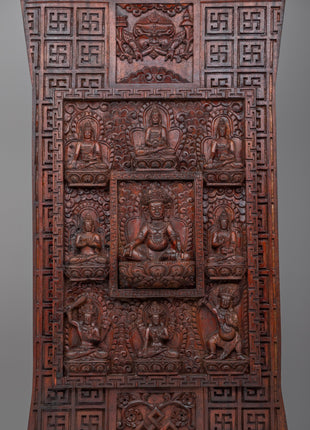Spiritual Dzambhala Centered Thangka on Wood | Tibetan Buddhist Wall Decor