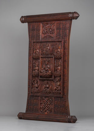 Spiritual Dzambhala Centered Thangka on Wood | Tibetan Buddhist Wall Decor
