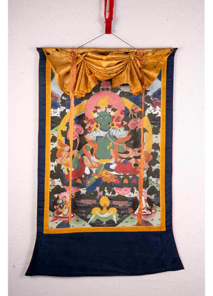 Rare Green Tara Thangka  | Vintage Tibetan Wall Decor