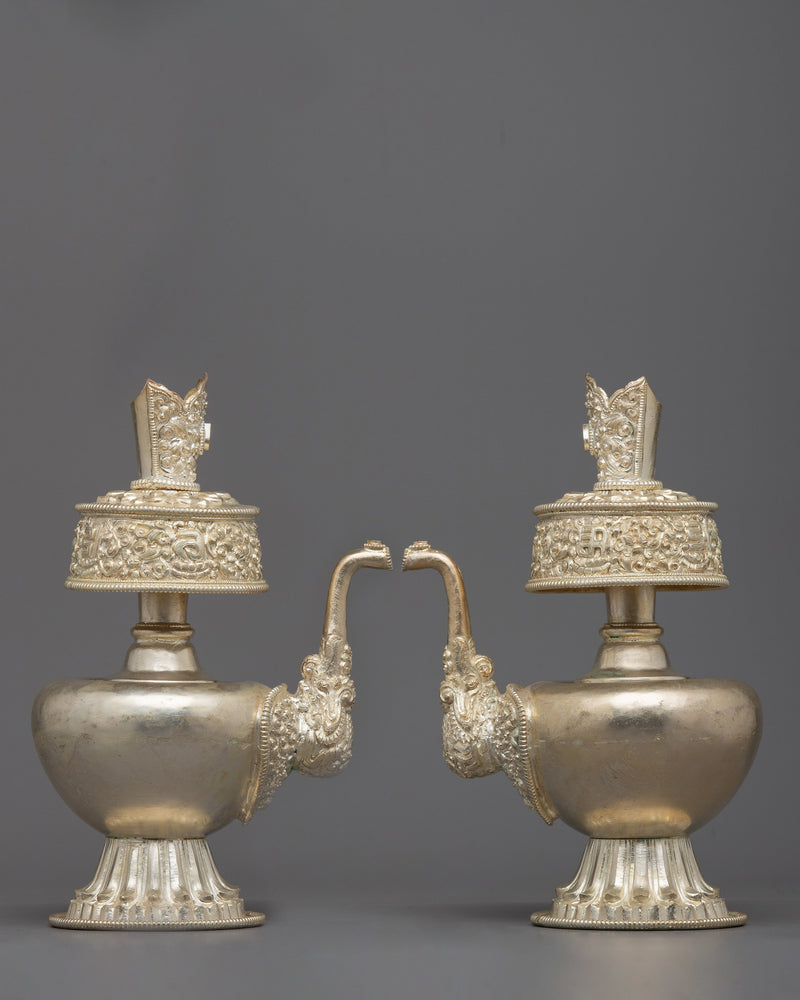 Silver Plated Bhumba Set | Tibetan Ritual Vases for Spiritual Practice