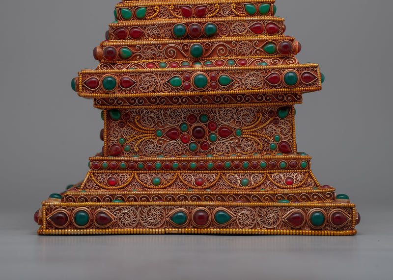 Tibetan Stupa in Copper | 24k Gold Plated Elegance for Spiritual Practice