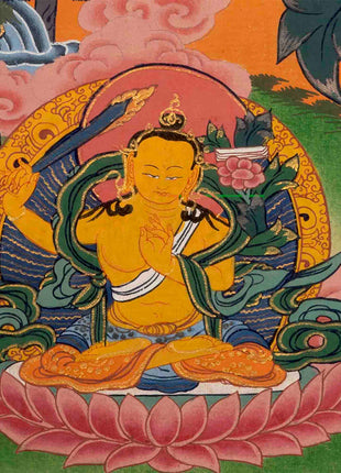 Handpainted Guru Rinpoche Surrounded By Dhyani Buddha Traditional Thangka |  Meditation And Yoga