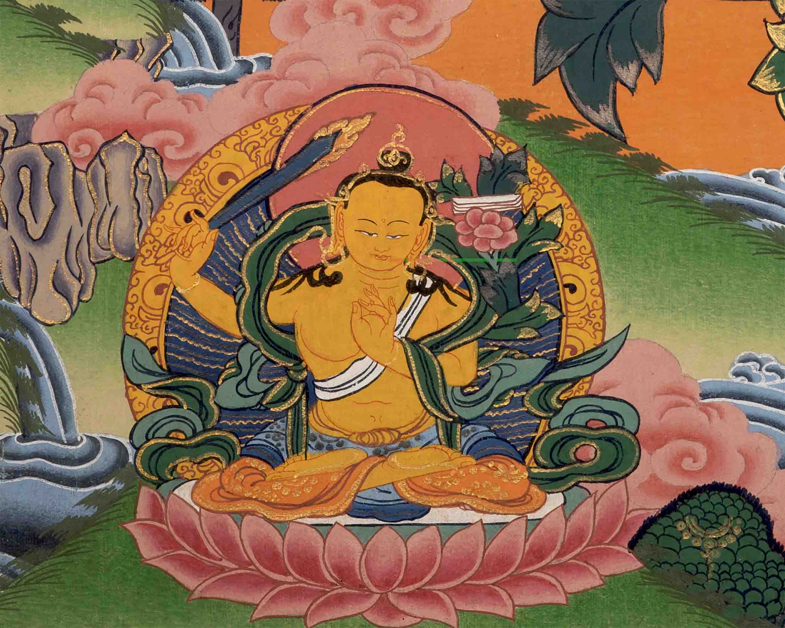 Handpainted Guru Rinpoche Surrounded By Dhyani Buddha Traditional Thangka |  Meditation And Yoga