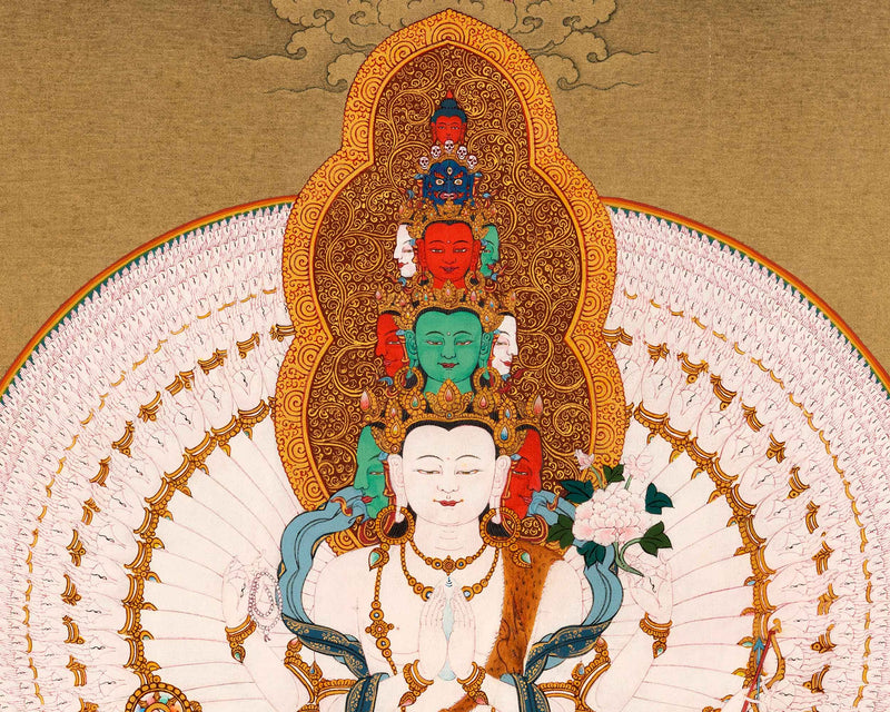 Traditional Chenrezig Avalokiteshvara Thangka | 1000 Armed Chenreizg with Manjushri and Vajrapani