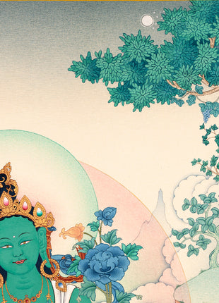 Green Tara | Traditional Tibetan Tara Thangka in Natural stone colors