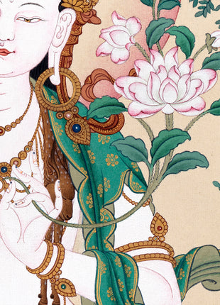 Chenrezig Thangka | 2 Armed Avalokiteshvara in Natural Stone Colors and 24K gold