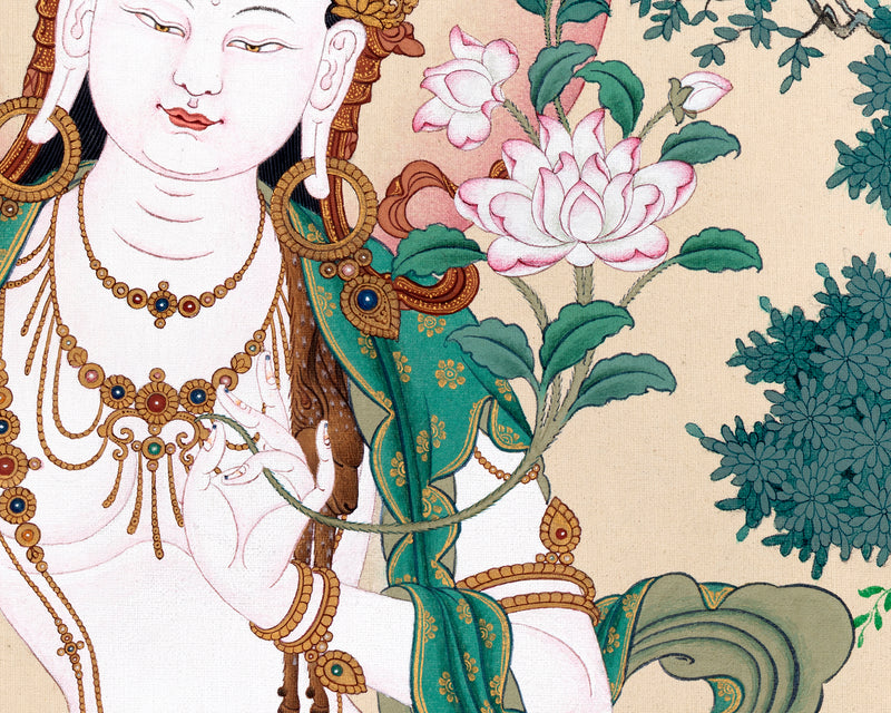 Chenrezig Thangka | 2 Armed Avalokiteshvara in Natural Stone Colors and 24K gold