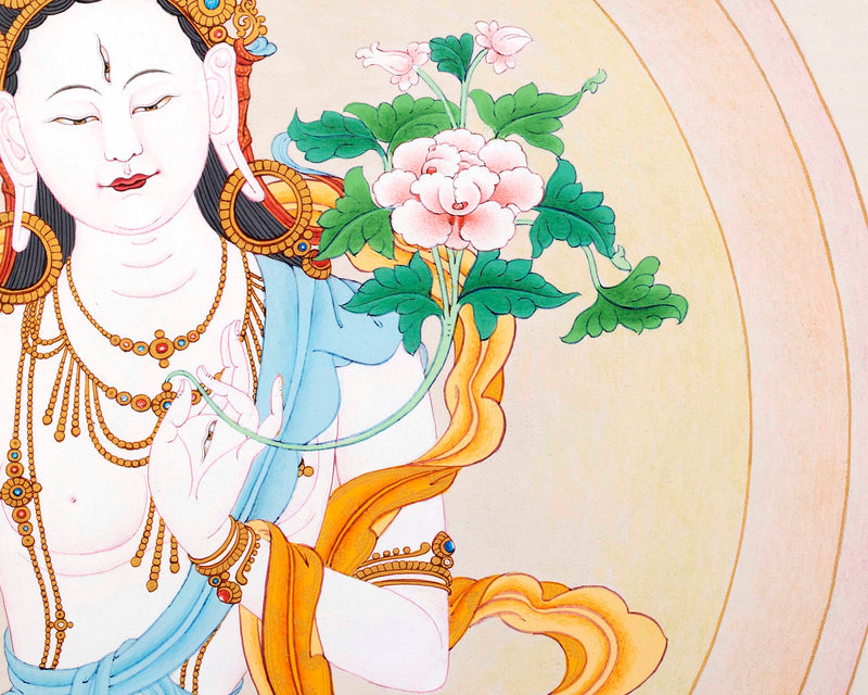 White Tara Symbolism Thangka | Hand-Painted Tibetan Tara Buddhism Art