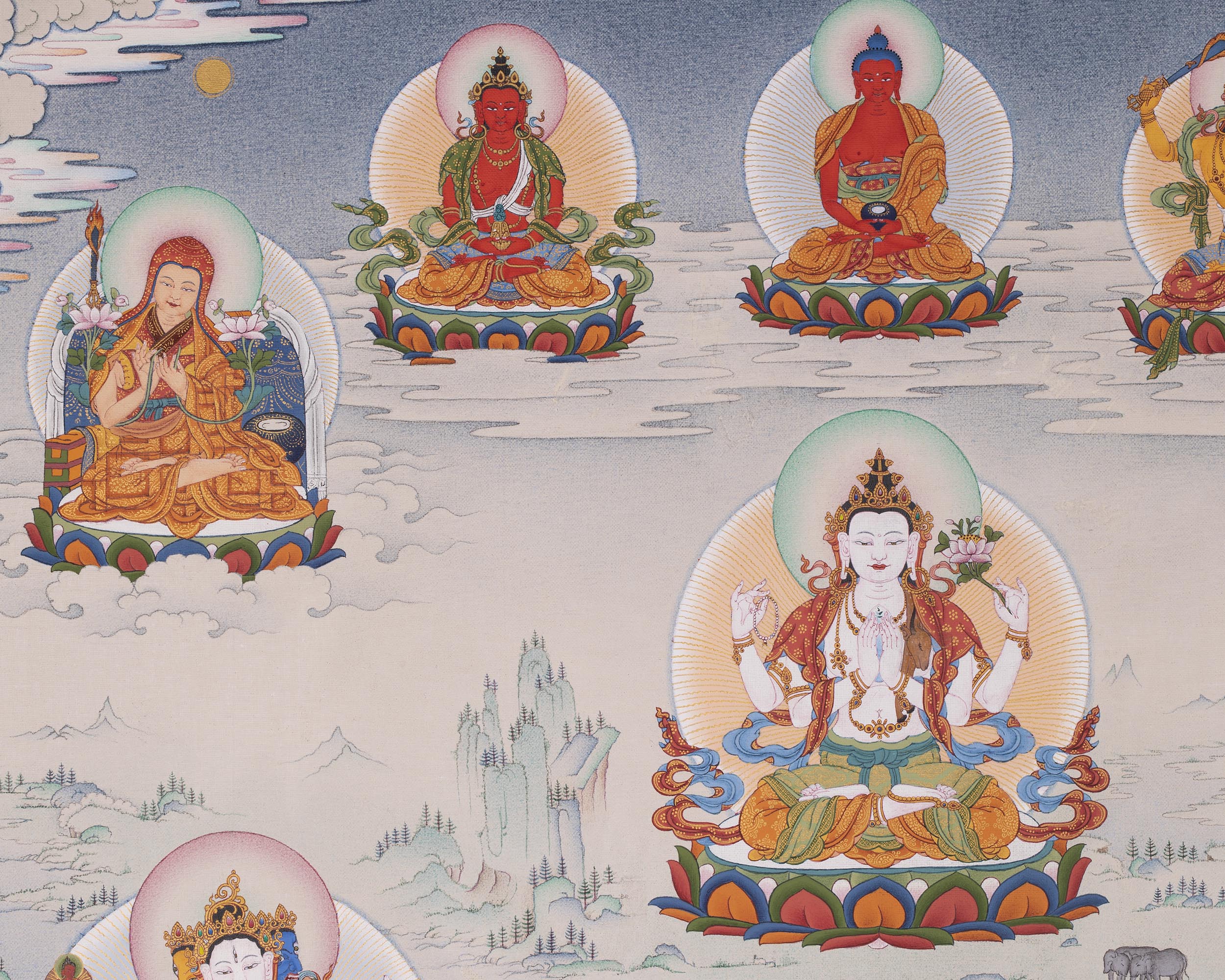 Green Tara with Buddhas and Bodhisattvas | Traditional Tibetan Thangka Print