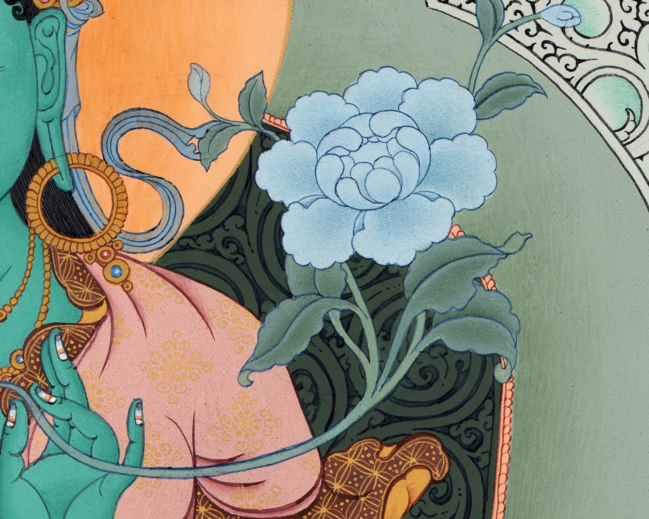 Green Tara  Thangka | Female Buddha Painting | With 24K Gold and Stone Colors