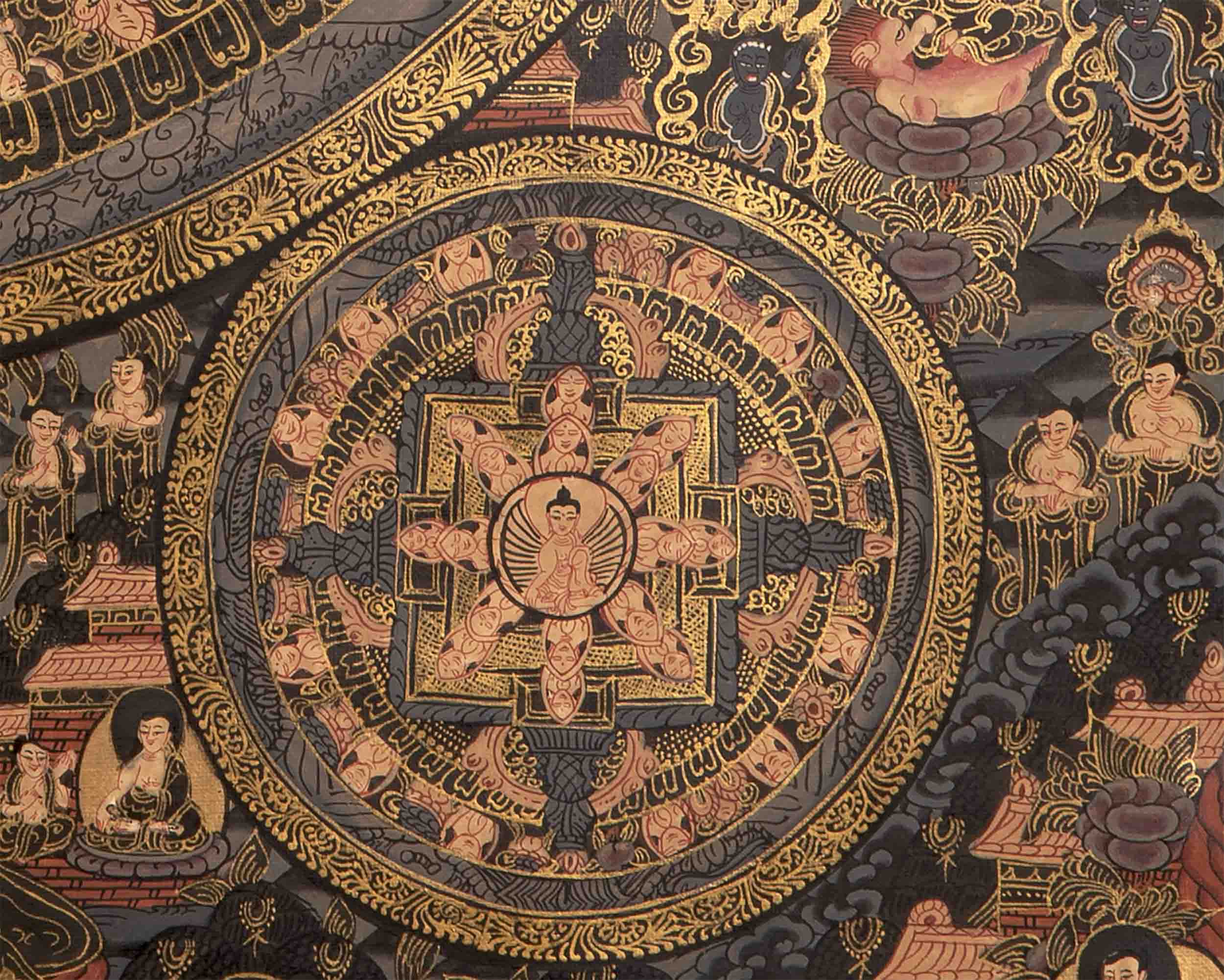 Dark Pancha Mandala With Brocade | Wall Decoration Painting