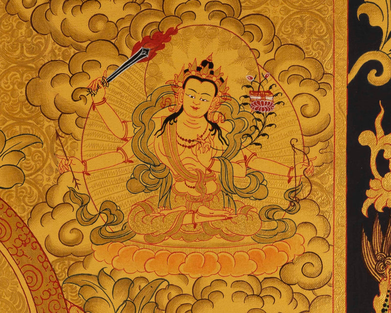 Gold Manjushree Thangka | Hand Painted Bodhisattva Art