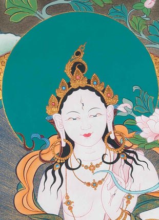 White Tara Meditation Practice Thangka | White Tara With Amitayus and Namgyalma