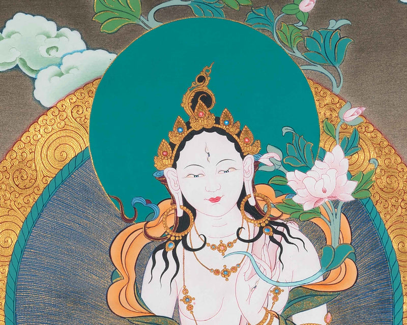 White Tara Meditation Practice Thangka | White Tara With Amitayus and Namgyalma